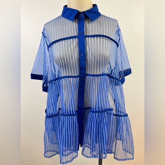C Yard Blue Sheer Striped Button Front Peplum Top, Size Large - Picture 1 of 12